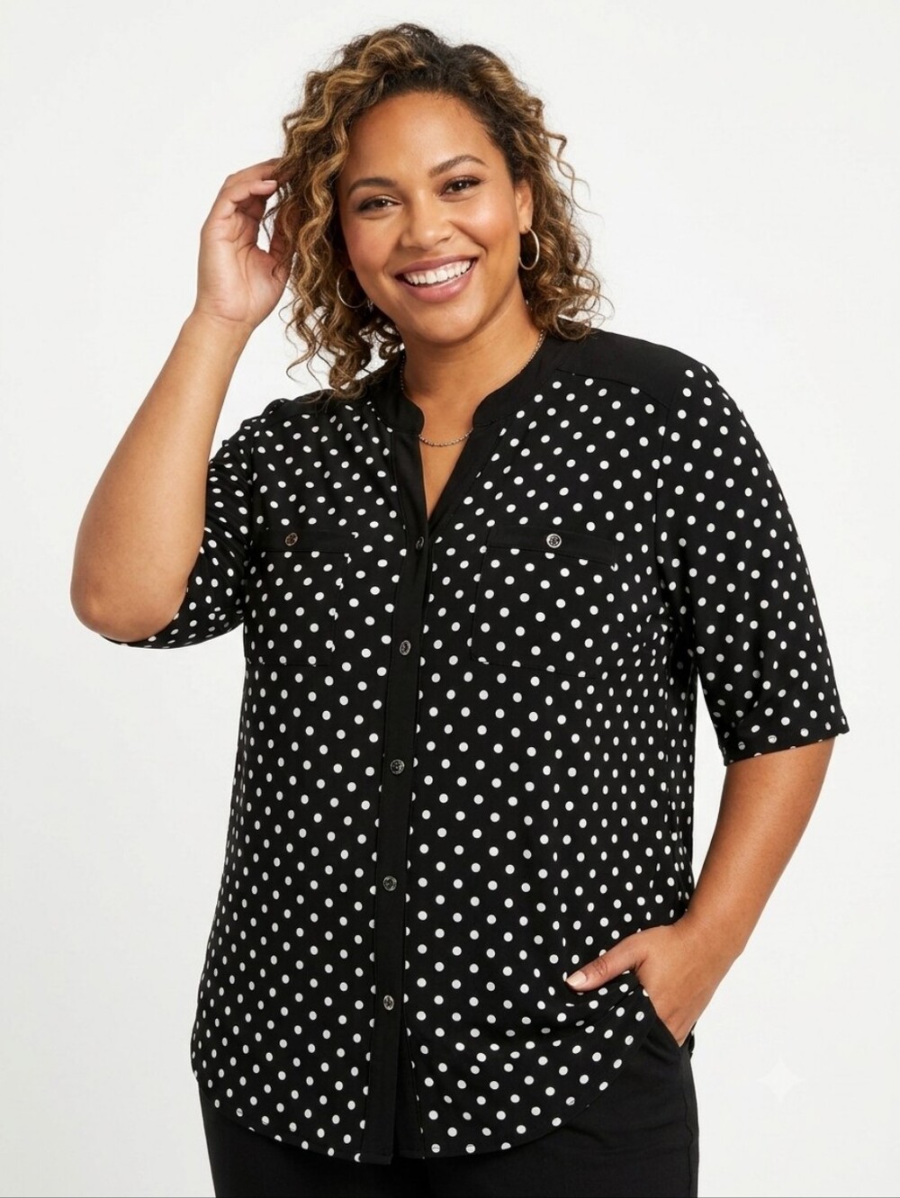 Elie McCarthy Black & White Polka Dot V-Neck Button-Up Blouse